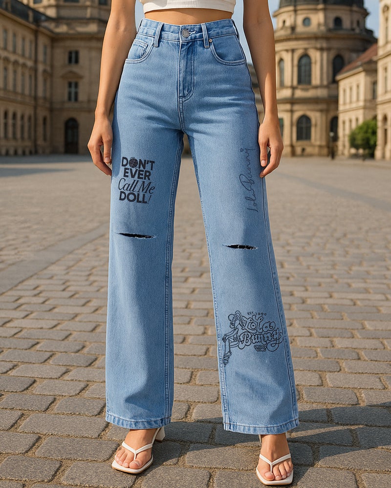 bewakoof Women's Light Blue Washed Straight Fit Distressed Jeans - Image 1